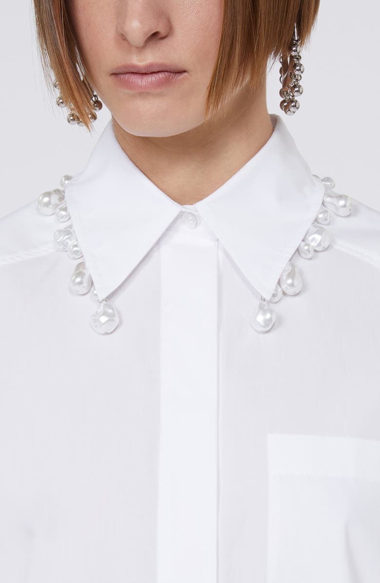 SPORTMAX Faux Pearl Embellished Boxy Cotton Poplin Button-Up Shirt, Alternate, color, Optical White