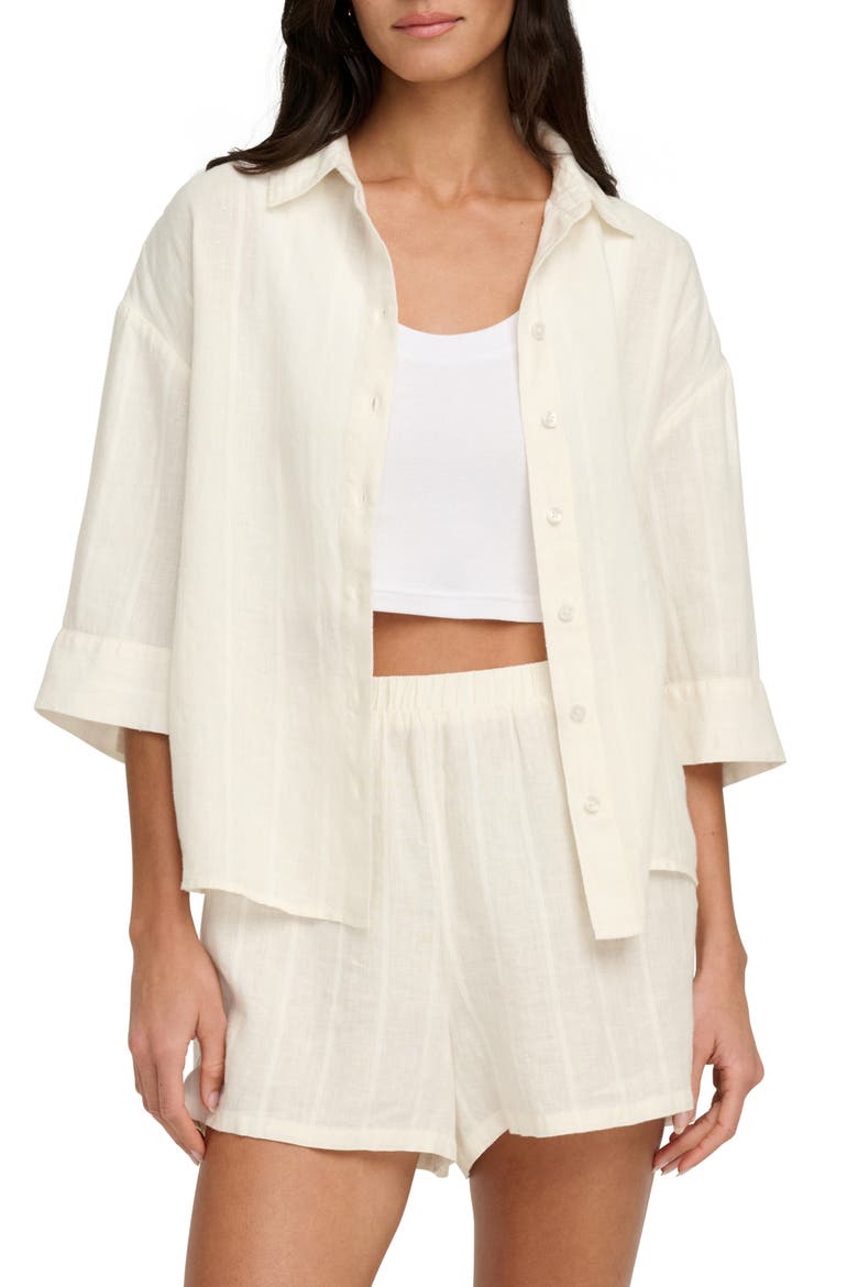 The Off Duty Stripe Linen Blend Button-Up Shirt, Main, color, CREAM