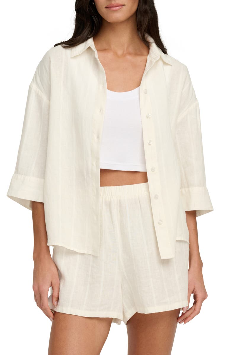 Favorite Daughter The Off Duty Stripe Linen Blend Button-Up Shirt, Main, color, Cream