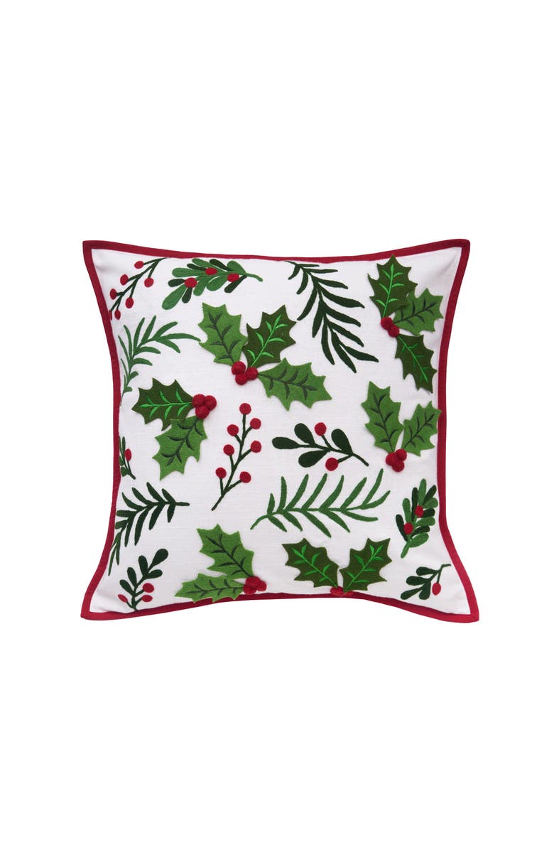 C&F Home Holly Spring Berry Cotton Blend Christmas Embellished Accent Throw Pillow 18" x 18", Main, color, Green