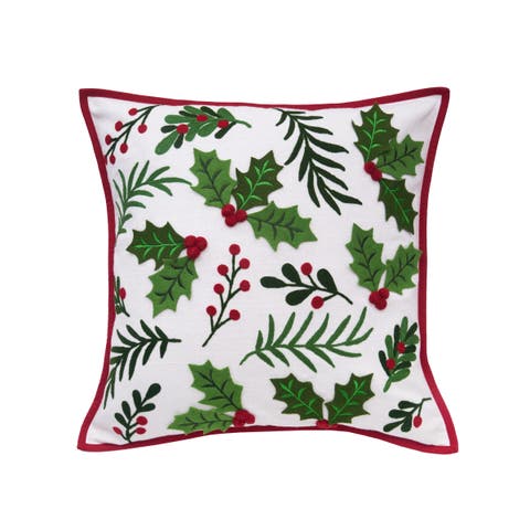 Holly Spring Berry Cotton Blend Christmas Embellished Accent Throw Pillow 18" x 18"