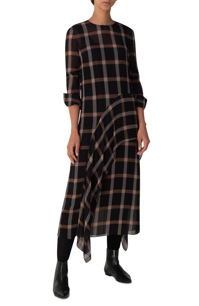 Akris punto Windowpane Check Long Sleeve Midi Dress, Main, color, 