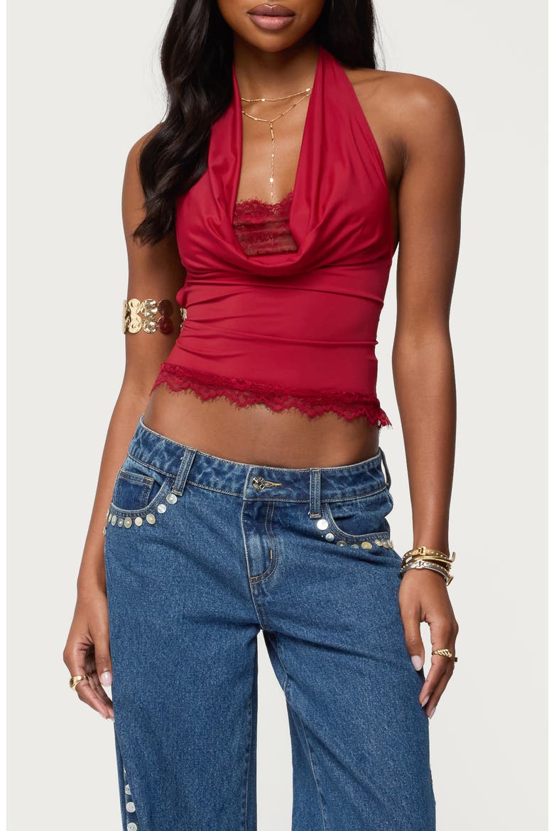 Lacy Cowl Neck Halter Top, Main, color, RED