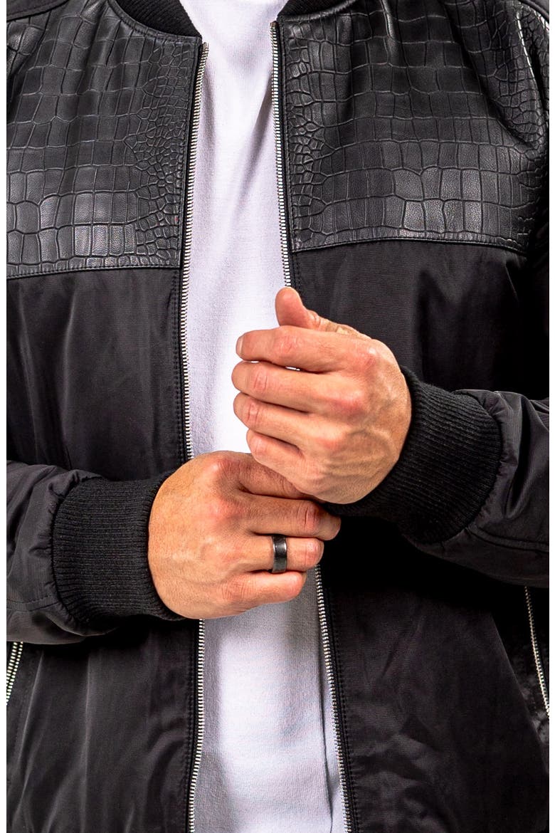 Croc Embossed Leather Bomber Jacket, Alternate, color, BLACK