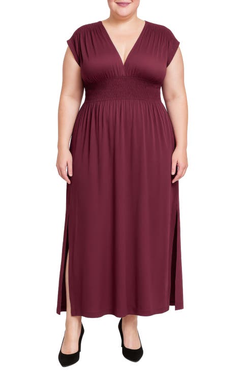 V-Neck Smocked Waist Midi Dress (Plus)