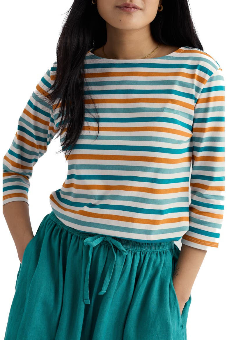 Sailor Stripe Three-Quarter Sleeve Organic Cotton Top, Main, color, TRI MINI CORNISH DEEP DIVE