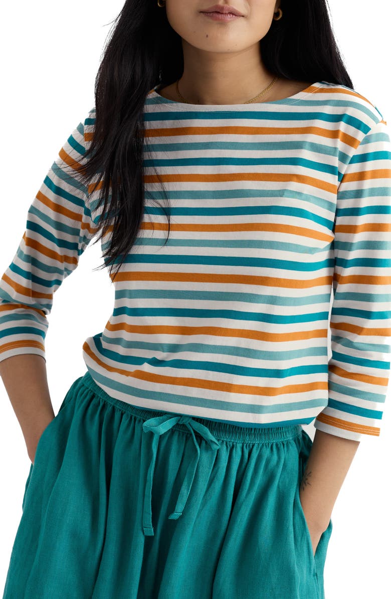 Seasalt Cornwall Sailor Stripe Three-Quarter Sleeve Organic Cotton Top, Main, color, Tri Mini Cornish Deep Dive