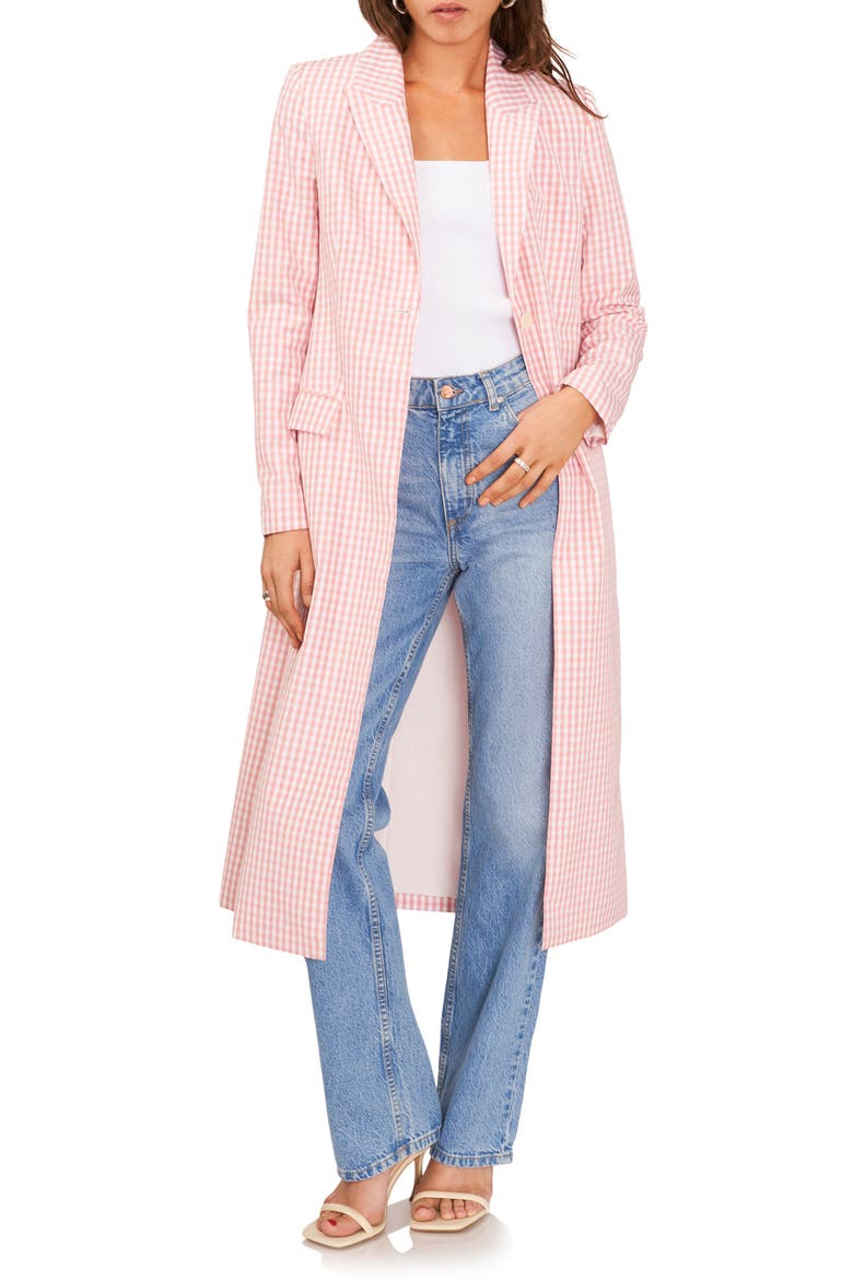 Check Peaked Lapel Longline Jacket, Main, color, ROSE LINEN