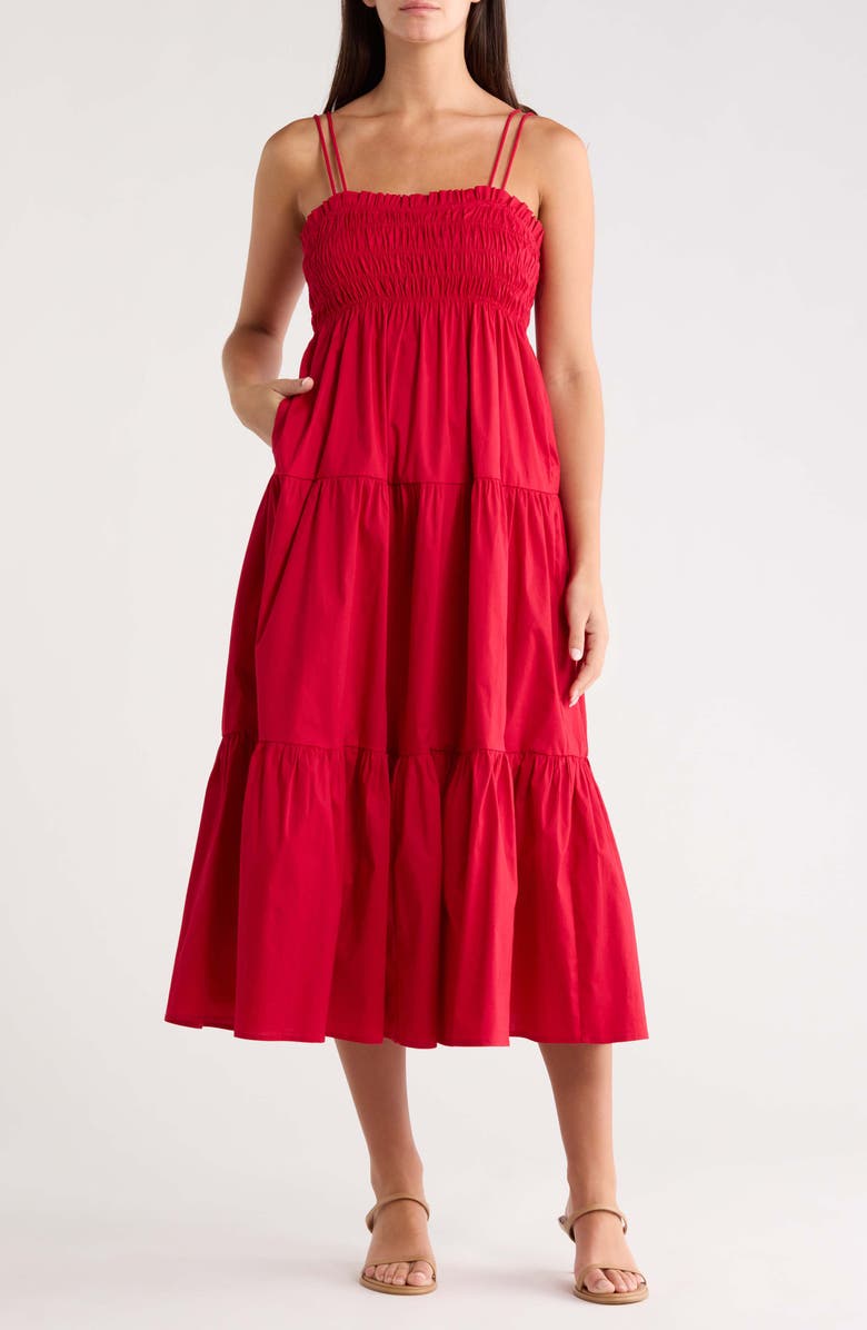 SUGARLIPS Gennie Smocked Tiered Cotton Midi Dress, Main, color, Red
