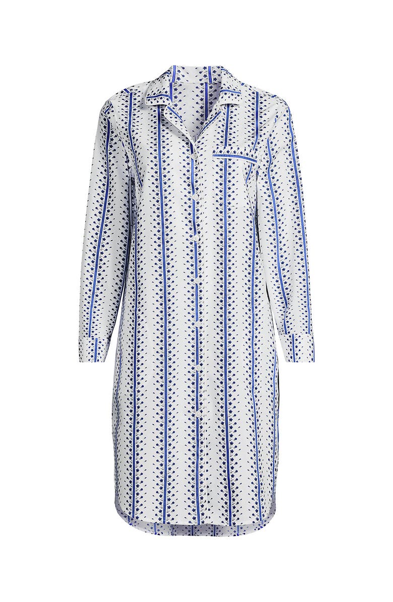 Lands' End Cotton Poplin Long Sleeve Sleepshirt Nightgown, Alternate, color, White/Clear Blue Floral Stripe