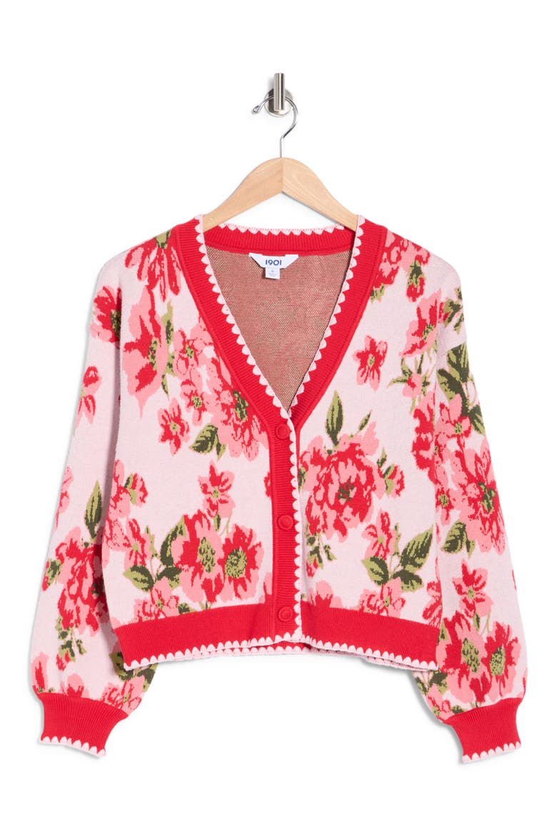 Floral Button Up Cardigan, Alternate, color, PINK RED FLORAL JQRD