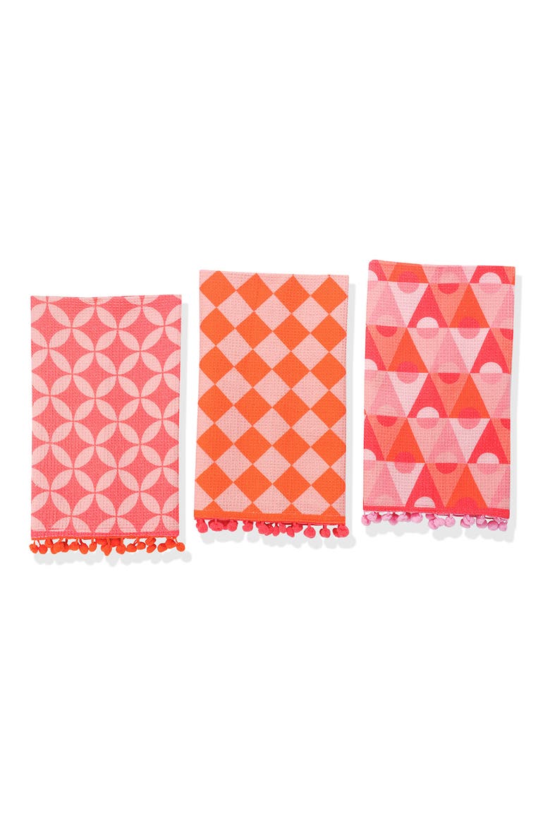 Bright Geometric Pompom Set of 3 Cotton Kitchen Towels, Main, color, HOT PINK/ ORANGE/ CO