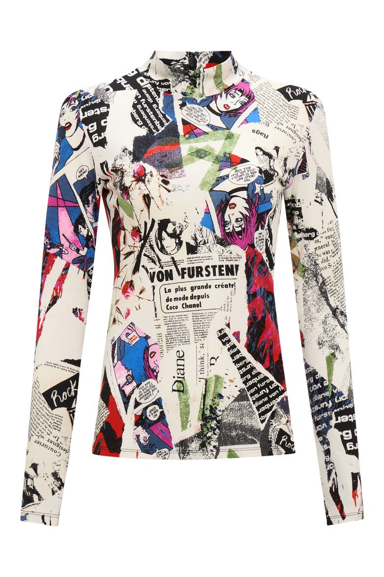 Doha Pop Art Newspaper Print Mock Neck Top, Alternate, color, POSTER GIRL