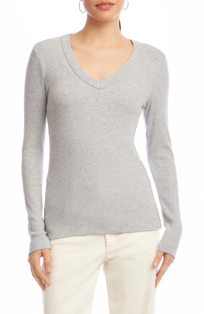Karen Kane Rib V-Neck Long Sleeve Top, Main, color, Heather Grey
