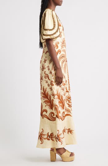 Milani Bead Trim Mixed Print Linen Maxi Dress