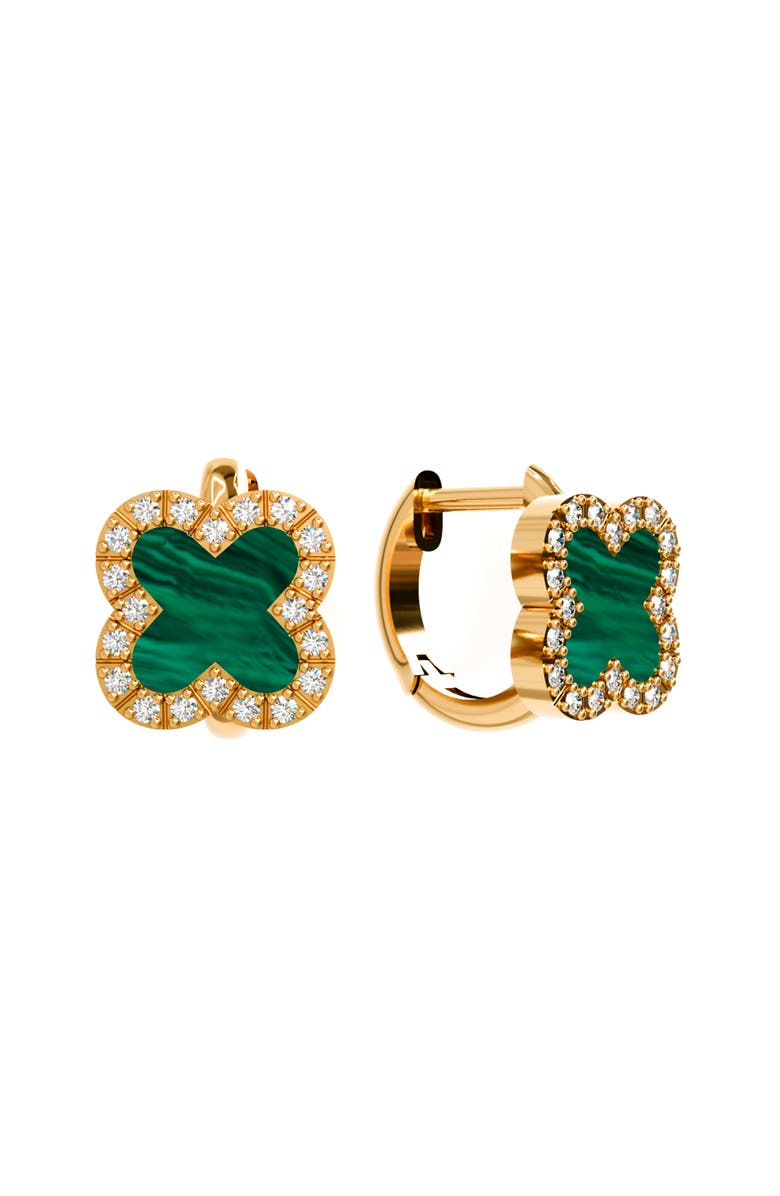 GABI RIELLE Malachite CZ Clover Huggie Hoop Earrings, Main, color, Gold