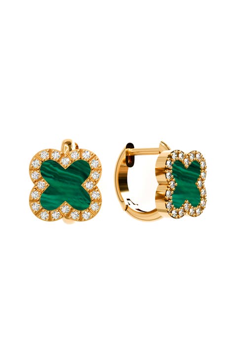 Malachite CZ Clover Huggie Hoop Earrings