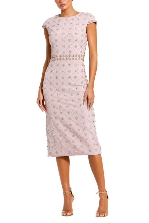 Mac Duggal Hand Embellished Cap Sleeve Midi Dress In Mauve