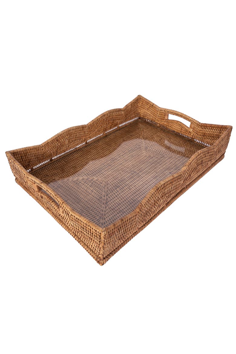 Scalloped Rattan Rectangular Tray with Glass Insert, Alternate, color, Honey Brown