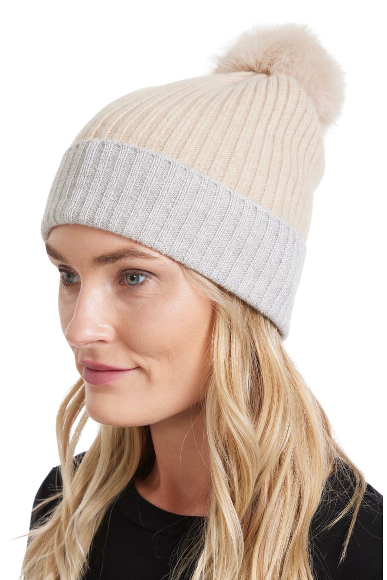 Ribbed Cashmere Knit Beanie with Faux Fur Pompom, Alternate, color, OATMEAL/ GREY
