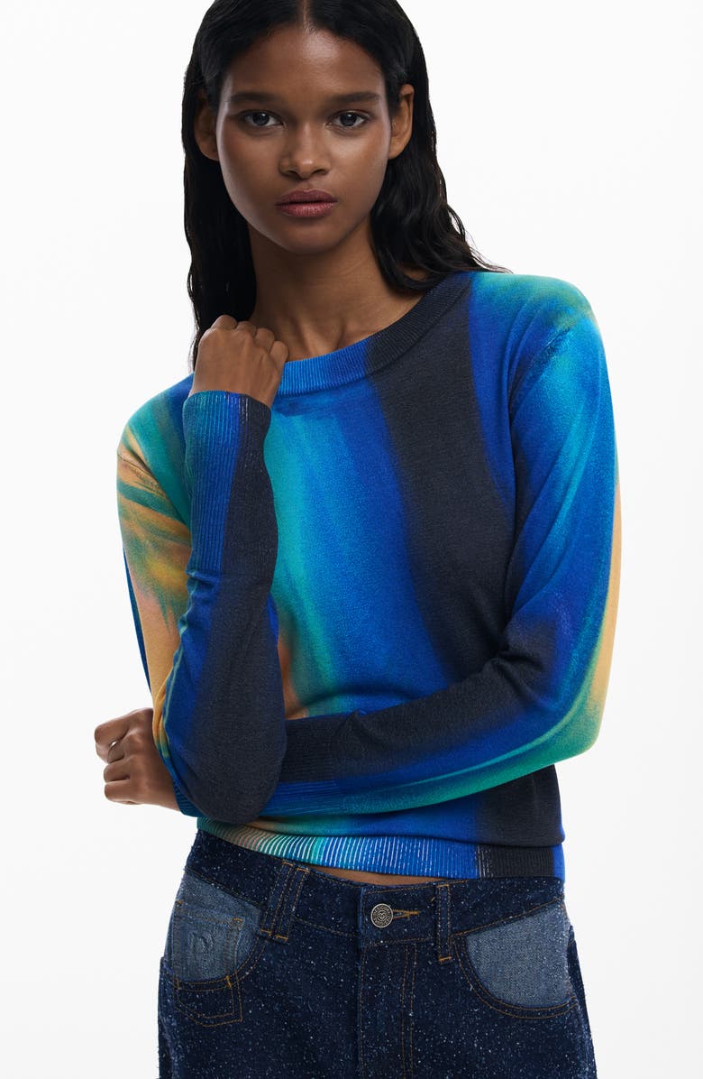 Desigual Abstract Print Fine Gauge Crewneck Sweater, Alternate, color, Blue
