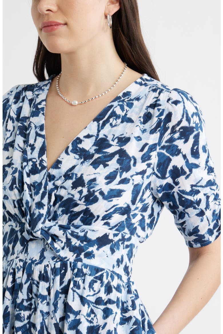 Twist Detail Gauze Midi Dress, Alternate, color, NAVY- WHITE BRUSHED BLOOMS