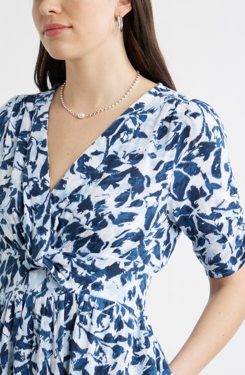 Caslon<sup>®</sup> Twist Detail Gauze Midi Dress, Alternate, color, Navy- White Brushed Blooms