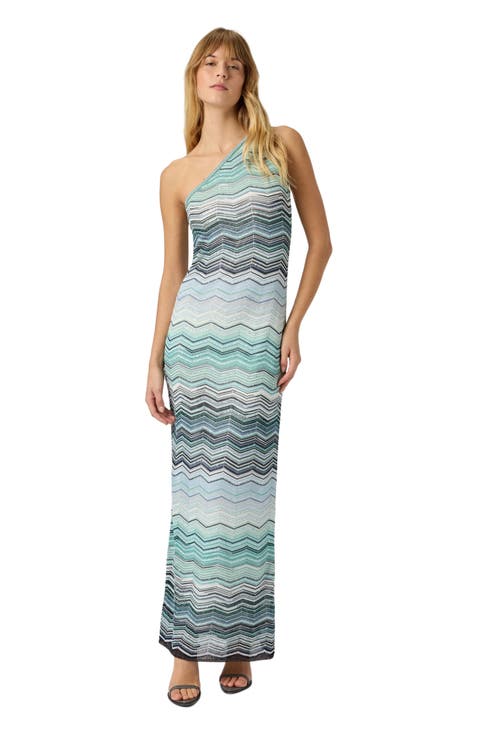 Long One-shoulder Dress With A Chevron Pattern With Sequins