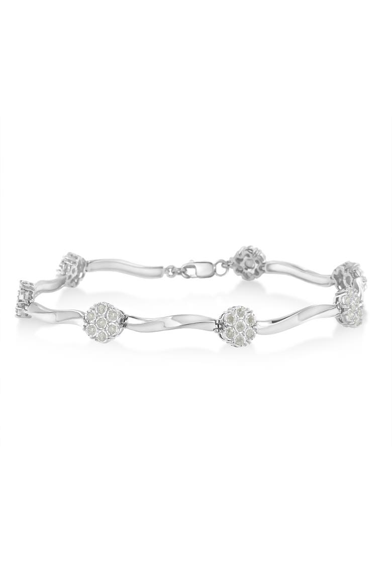 Silver 1/4 Ctw Diamond Cluster Miracle-Set Station & Twisted Bar Tennis Bracelet, Main, color, White