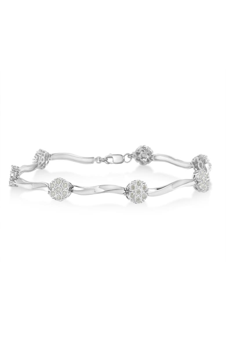 Haus of Brilliance Silver 1.0 Ctw Diamond Cluster Miracle-Set Station & Twisted Bar Tennis Bracelet, Main, color, White