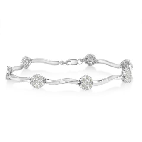 Silver 1.0 Ctw Diamond Cluster Miracle-Set Station & Twisted Bar Tennis Bracelet
