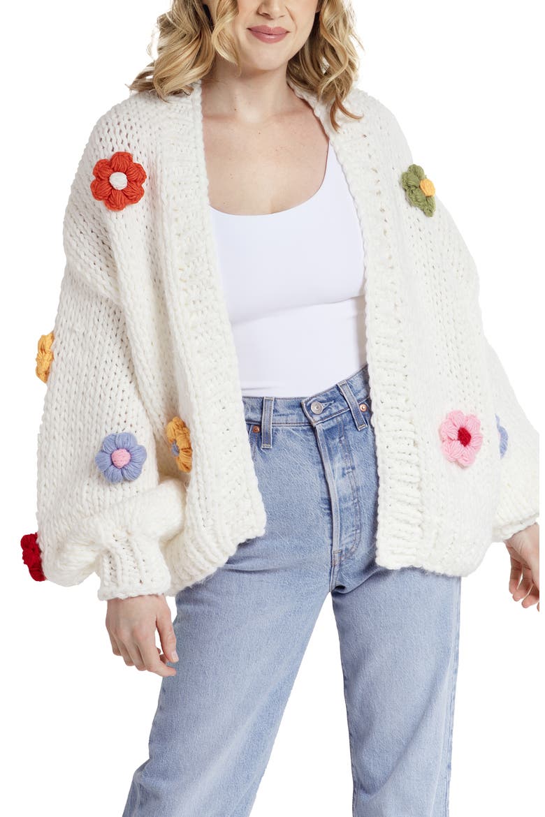 Chunky Floral Crochet Cardigan, Main, color, WHITE