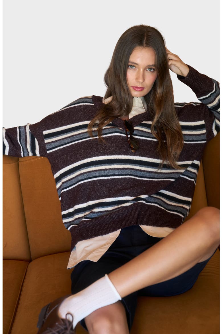 Pullover V-Neck Sweater, Alternate, color, BROWN MULTI