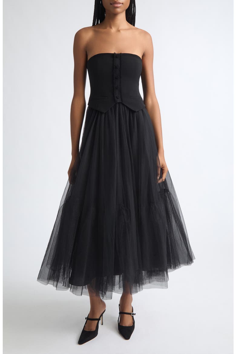 Lunelle Strapless Mixed Media Midi Dress, Main, color, BLACK