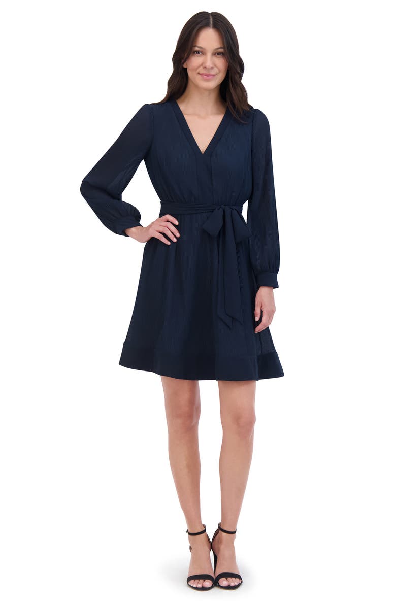 Eliza J Long Sleeve Tie Belt A-Line Dress, Alternate, color, 