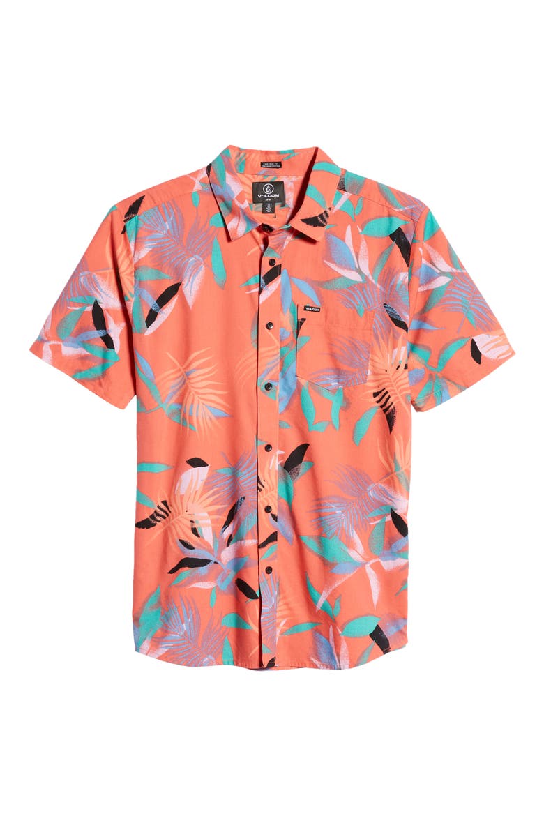Leaf Spray Classic Fit Short Sleeve Button-Up Shirt, Alternate, color, LAVA ROCK RED