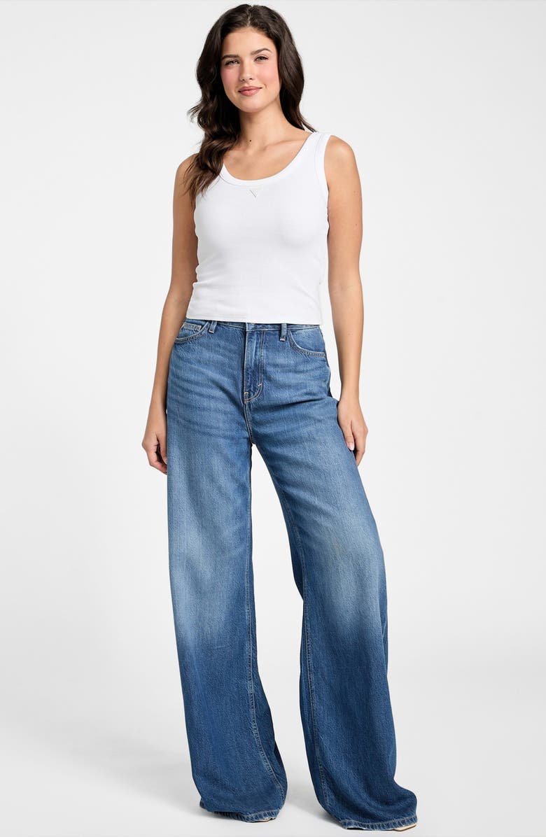 GUESS Triangle Logo Patch Rib Tank, Alternate, color, White