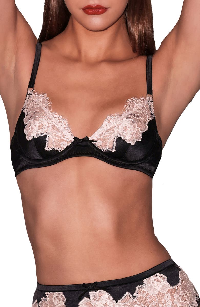 Fleur Du Mal Juliet Lace Trim Underwire Silk Blend Demi Bra, Main, color, Black