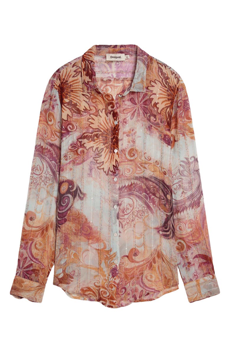 Desigual Embroidered Stripe Button-Up Top, Alternate, color, Pink
