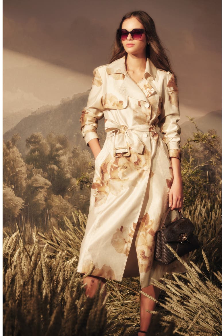 Clara Floral Trench Coat, Alternate, color, BISCOTTI BEIGE