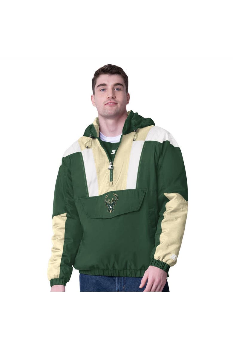 Men's Starter  Hunter Green/Cream Milwaukee Bucks Charger Half-Zip Pullover Jacket, Main, color, Hunter Green