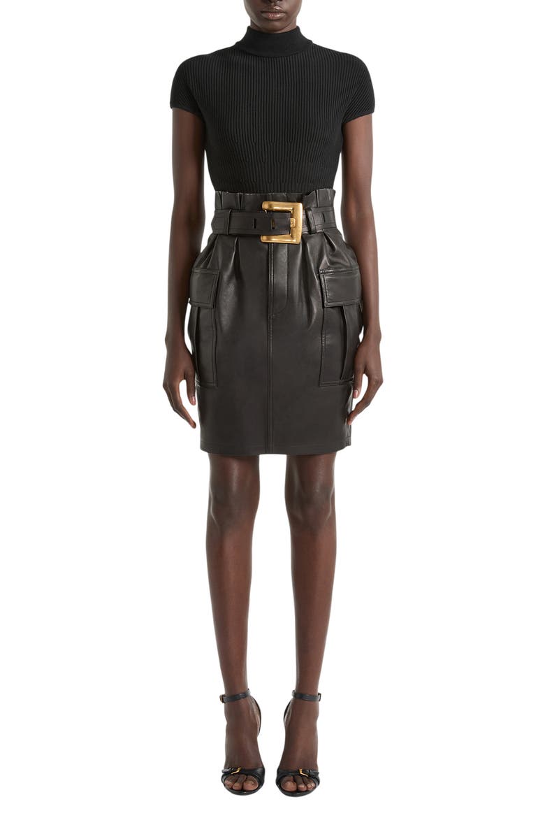Belted lambskin skirt, Main, color, black