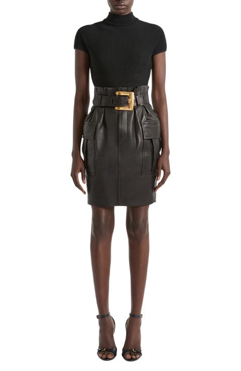 Belted lambskin skirt