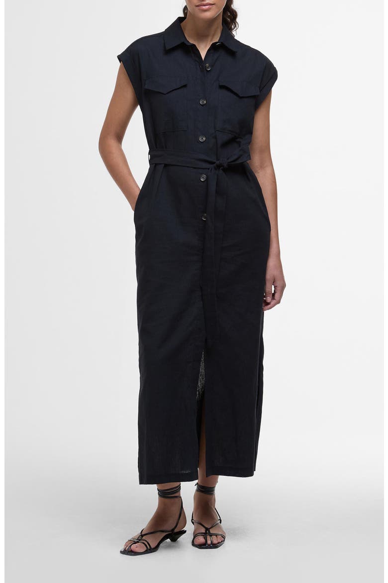 Birdie Cotton & Linen Maxi Shirtdress, Main, color, BLACK