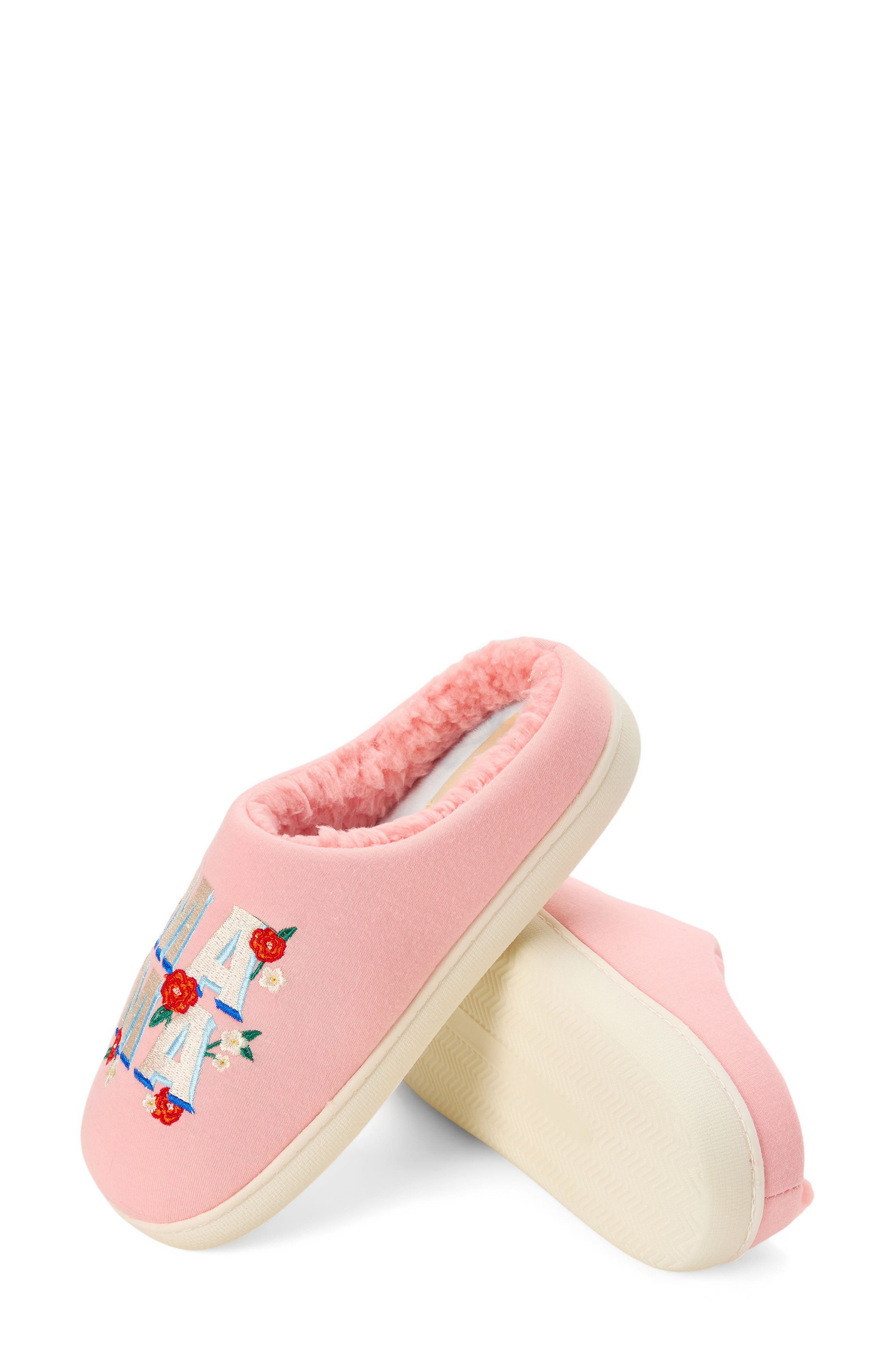 DEARFOAMS 'Mama' Embroidered Faux Fur Lined Slipper, Alternate, color, Coral Cream