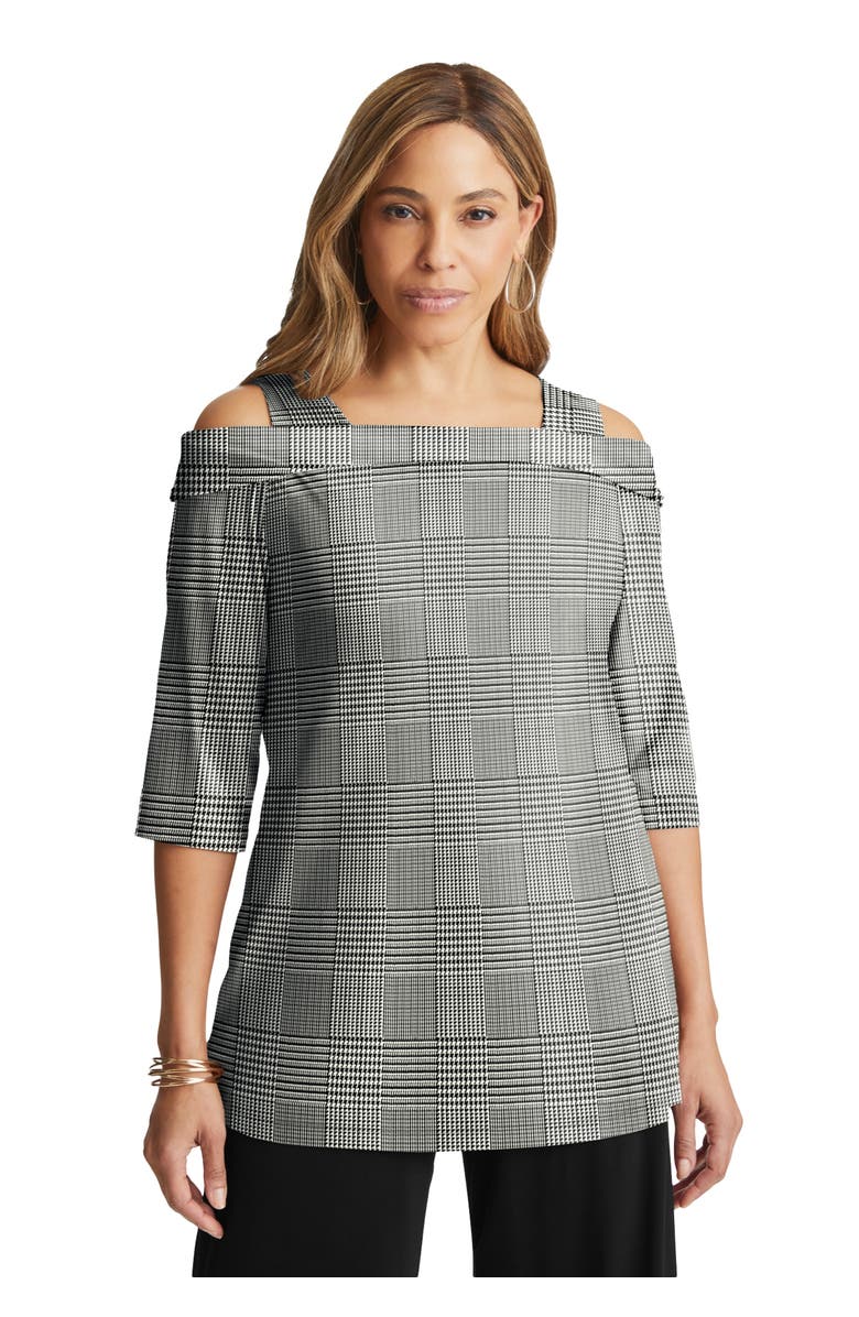 Jessica London Cold Shoulder Top, Main, color, Black Ivory Glen Plaid