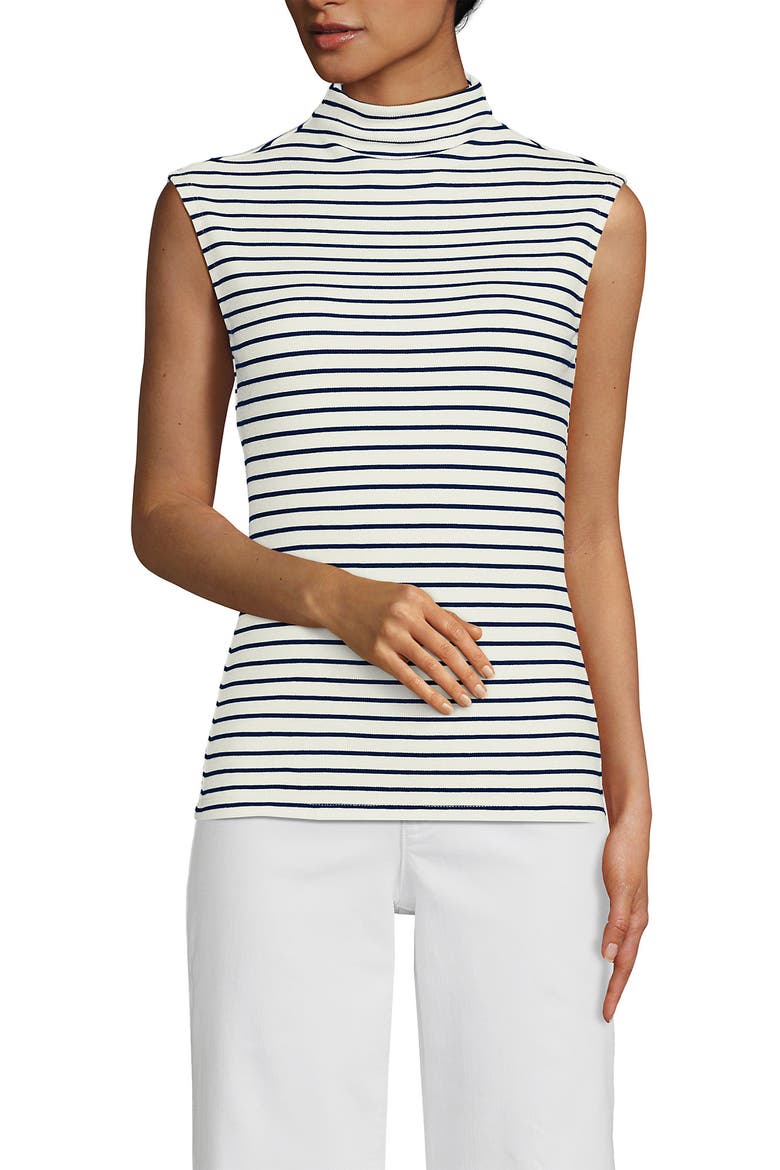 Cap Sleeve Drapey Rib Fitted Funnel Neck Tank, Main, color, Ivory/Deep Sea Navy Stripe