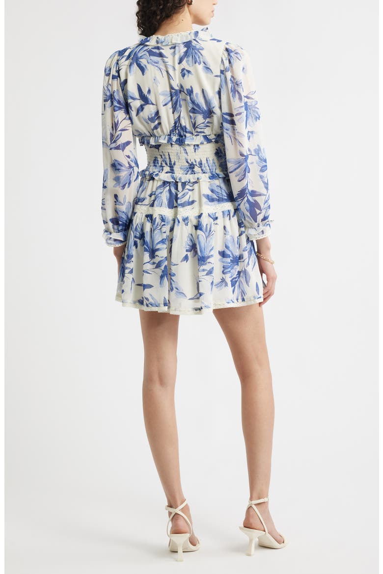 Long Sleeve Ruffle Trim Minidress, Alternate, color, IVORY - BLUE ADELINE FLORAL