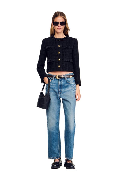 Sandro Ruffled Tweed Jacket In Black