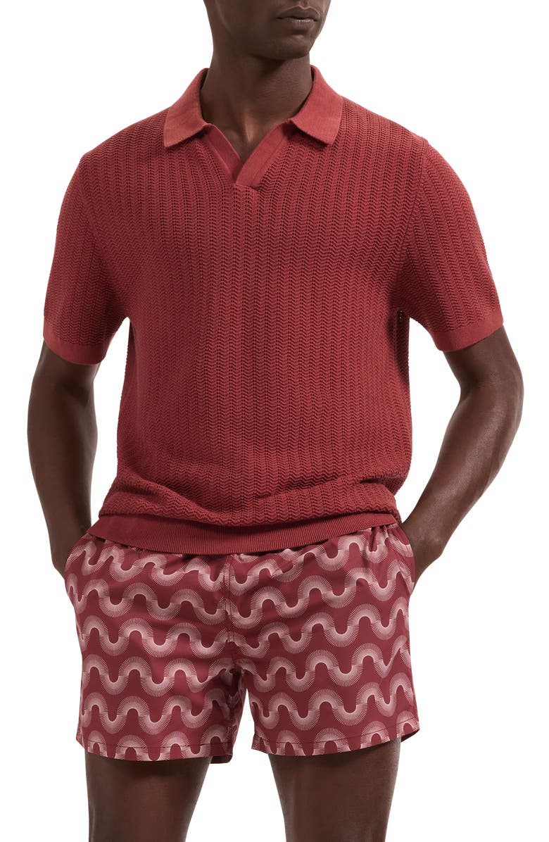 Bugatchi Cruz Print Swim Trunks, Main, color, Rio Red